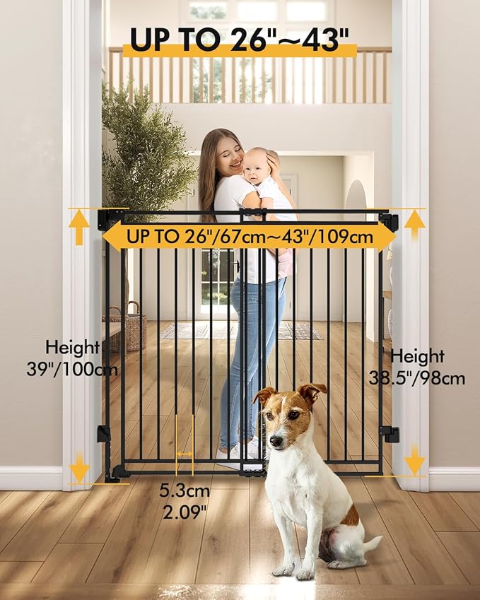 Extra Tall Baby Gate for Stairs Doorways & Kitchen, 26.4"-43" W x 39" H, No Bottom Bar Dog Gate, One-Handed Auto-Close, Hardware Mount Safety Gate for Dogs & Toddlers, Black