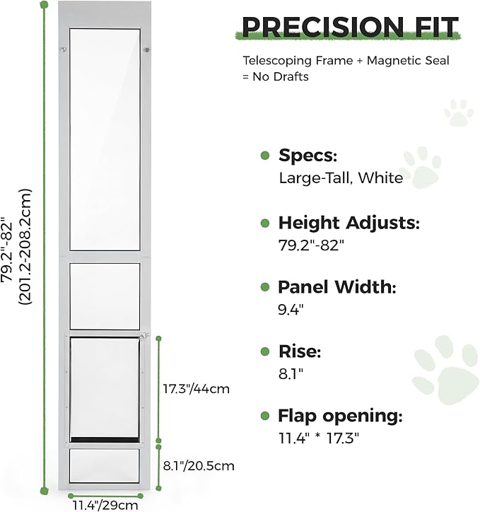 Slevoo Sliding Glass Dog Door, No-Cut Installation, Height Adjustable 79 1/5" to 82", Upgraded Silicone Flap, Weatherproof & Secure Pet Door for Medium/Large Dogs, White Aluminum Frame (Large-Tall)