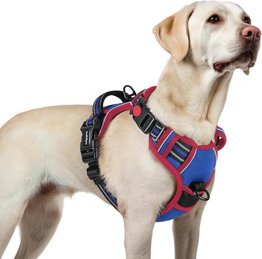rabbitgoo Dog Harness for Large, No Pull Pet Harness with 3 Buckles, Adjustable Soft Padded Vest with Control Handle, Walking Reflective Pet Vest for Large Dogs, Royal Blue & Red, L