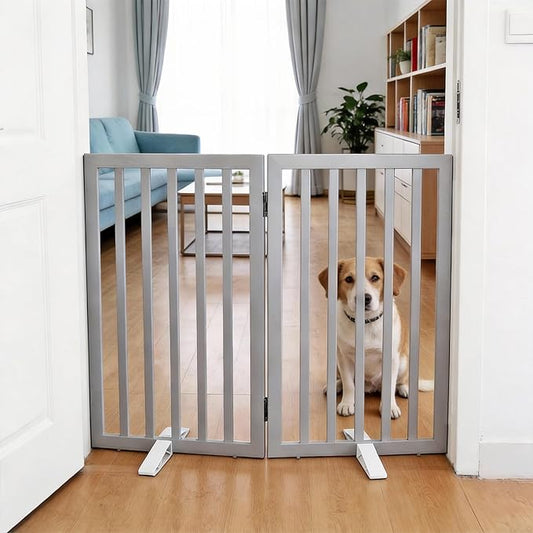 Dog Gate Indoor, Freestanding Dog Fence for The House, Doorways, Hallways,or Stairs,Pet Gate Foldable Wooden,Expandable 32" Height 2 Panels,Grey