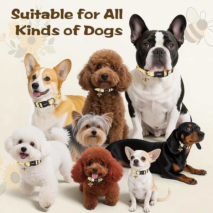 Kazazoo Dog Collar Cute and Soft Nylon Puppy Collar for Boy and Girl, Adjustable Dog Collars for Small Medium Dogs, Bees and Sunflowers-S