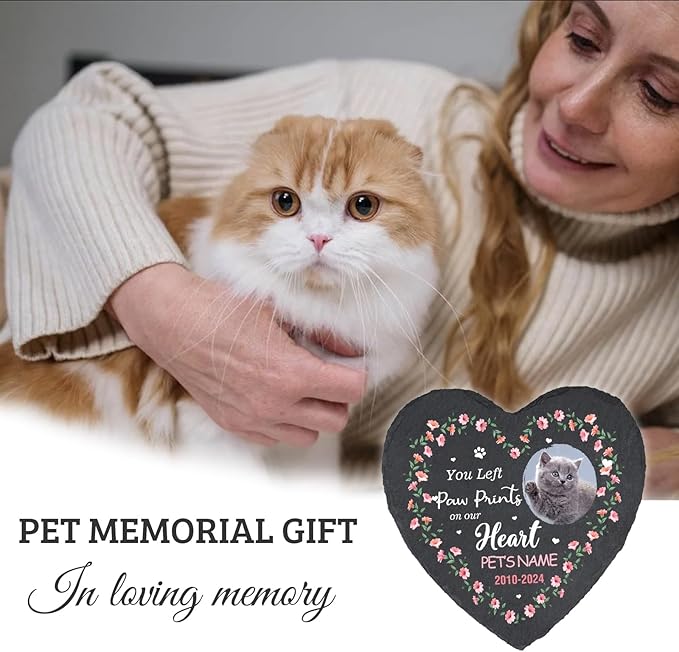 Cowcute Personalized Memorial Stones for Pets, Customized Pet Memorial Gifts for Dogs Mom Cat Owner, Loss of Pet Sympathy Gift, Cat Passing Away Remembrance Plaque, Pet Memory Stone for Cat