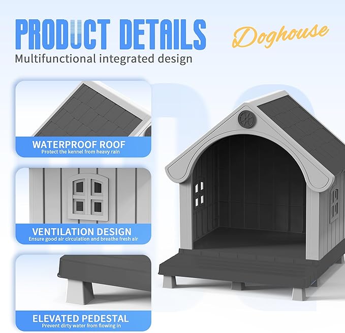 DRATO Large Dog House Outdoor Indoor, Sturdy Plastic Waterproof Doghouse with Air Vents and Elevated Floor, Easy Clean & Assemble for Medium Large Dogs (Black, 33" L×31.5" W×38" H)