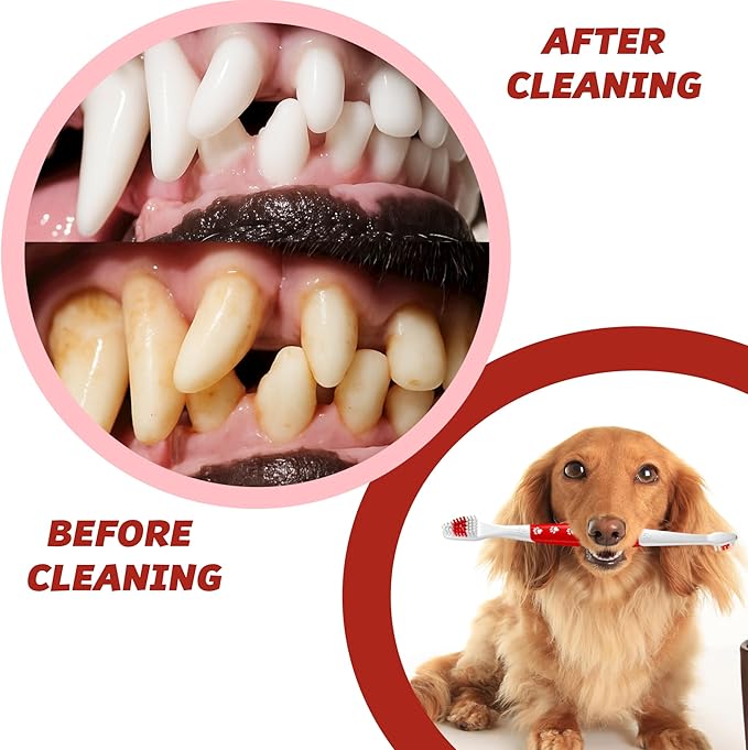 Pet Toothbrush for Dogs, Cats with Soft Bristles - Easy Teeth Cleaning & Dental Care, Non Slip Dual Head Dog Toothbrush for Medium & Large Pets, Toothpaste Not Included (Pack of 4(Red))