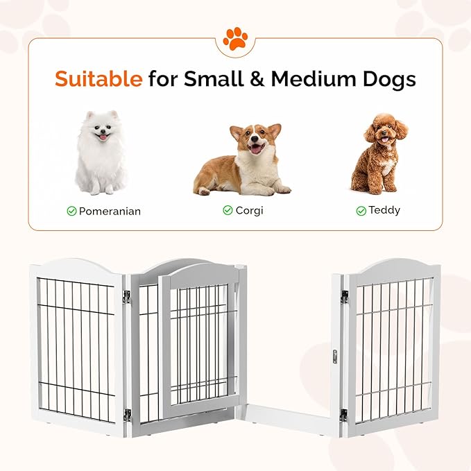 VINGLI Freestanding Dog Gate with Door, Pet Gate with Walk Through Door, Foldable Pet Safety Fence for Stairs Doorways Fireplace (24" H - 4 Panels)
