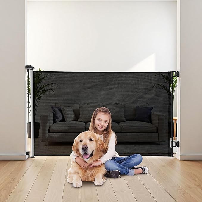 VEVOR Retractable Baby Gate, Extends to 57 inch Wide, 38.5 inch Tall, with Security Lock, Easy to Use, Walk Through Without Tripping, Mesh Dog Gate for Stairs, Hallways, Indoor/Outdoor, Black