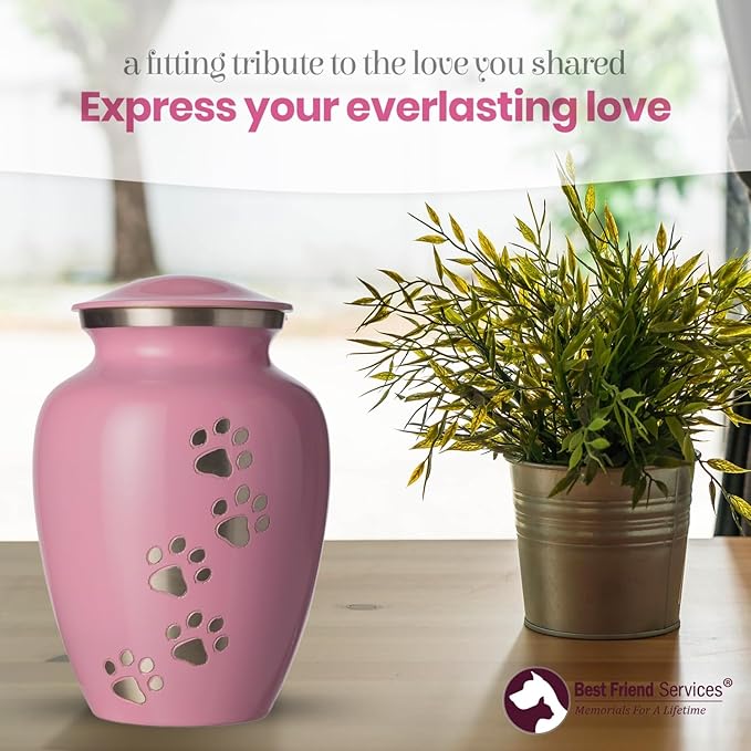 Ottillie Paws Legacy Series Pet Urn for Dogs, Handmade Aluminum Memorial Cremation Urn (Medium - Pets up to 65 lbs, Ardent Pink, Vertical Pewter Paws)