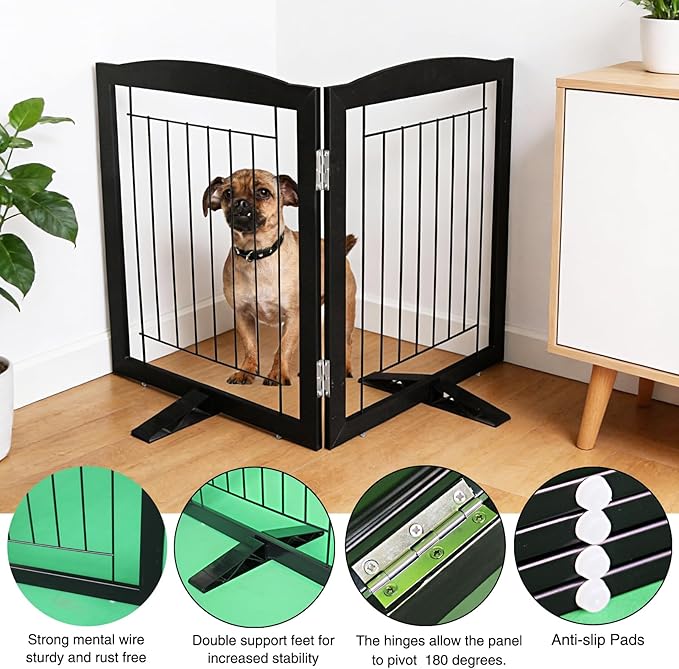 Dog Fence Indoor,Dog Gate Indoor for Doorway pet gate -2-Panel Freestanding, Hallways, House or Stairs -40x32-Inch Retractable Foldable Expandable Wood Pet by SFJC (Black) ﻿