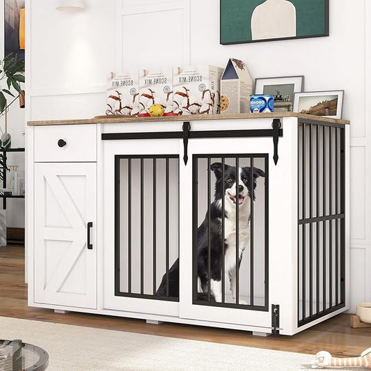 Verano Garden 44" Dog Crate Furniture, Heavy Duty Dog Kennel Indoor, 2-in-1 Furniture-Style Dog Crate with Storage Drawer & Cabinet for Small Medium Dogs, White (44" Left Facing Door)