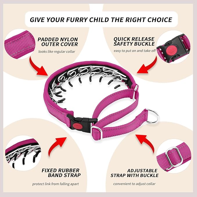 Martingale No Pull Dog Collar for Large Medium Small Dogs, Heavy Duty Nylon Reflective Adjustable Anti Pull Slip Collar with Buckle for Training Walking M Hot Pink