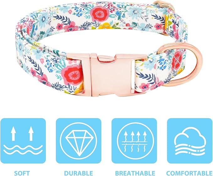 Dog Collar and Leash Set Girls Adjustable Puppy Collars with Floral Bow Tie for Small Medium Large Female Dogs, Teal Flower, S