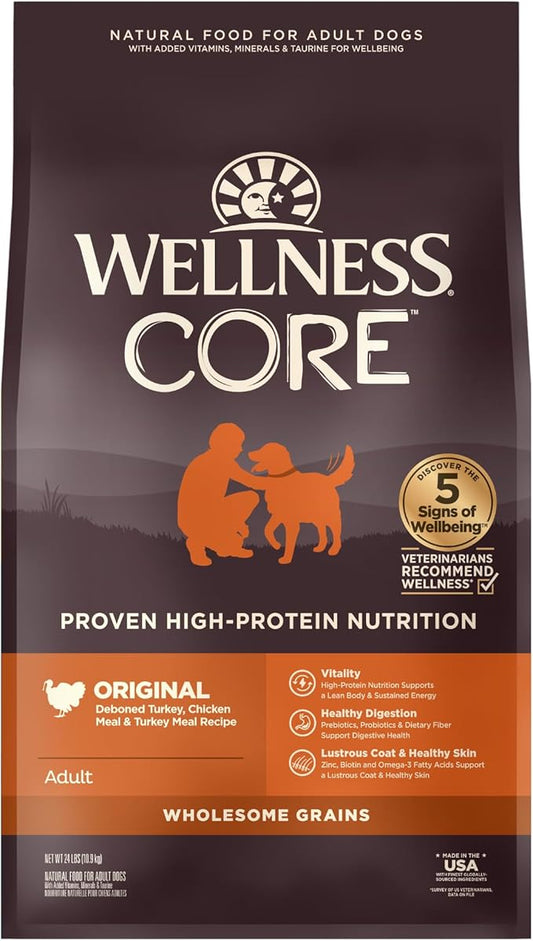 Wellness CORE Dry Dog Food, Wholesome Grains, High Protein, Natural, Original Turkey & Chicken Recipe, (24-Pound Bag)