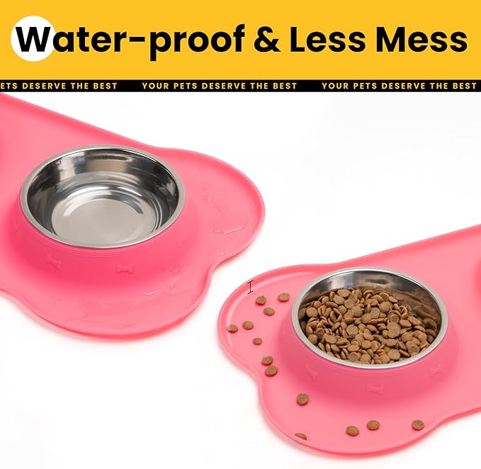 Dog Bowls with Non-Slip Silicone Mat, Spill Proof Large Food & Water Bowls Set, Easy Clean Dog Food Dish, Dishwasher Safe, Suitable for Dogs Cats Pet Under 90lbs, Large, Pink