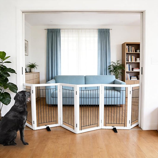 ZJSF Freestanding Dog Gate Indoor, Foldable Dog Fence for Doorways,Hallways or Stairs, Sturdy Wood Extra Wide Pet Gate with Support Feet,White,32 "Height-6 Panels