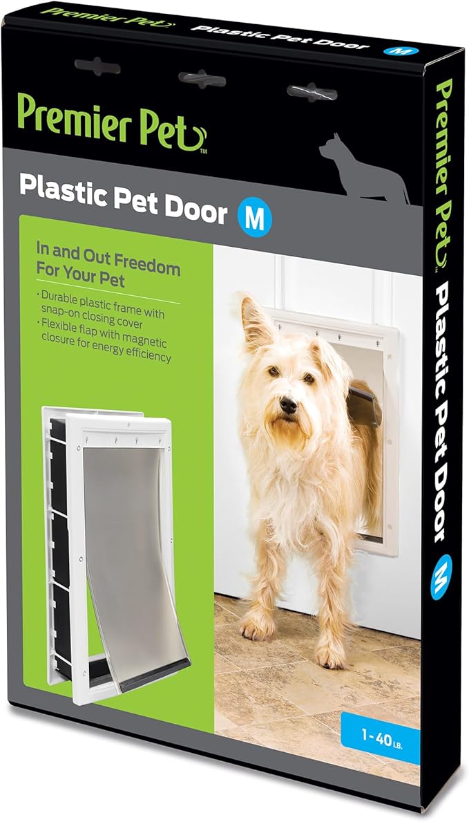 Premier Pet Plastic Pet Door - Provides Independent Access - Durable Plastic Frame with Magnetic Closure - Energy Efficient Design - Easy DIY Installation - Medium