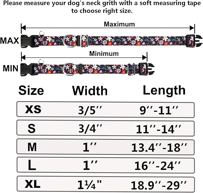 Martingale Dog Collar with Buckle Adjustable Nylon Limited Slip No Pull Training Floral Dog Collars (Black Pink Red, XSmall)
