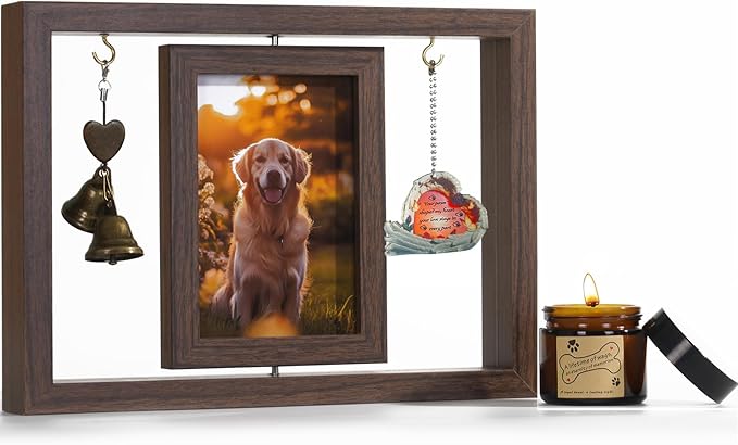 Dog Memorial Picture Frame As Pet Memorial Gifts - Rotating Wooden Frame for 4x6 Photo with Soy Candle, Dog Loss Sympathy Gift Set for Bereavement Remembrance, Remembrance Gift