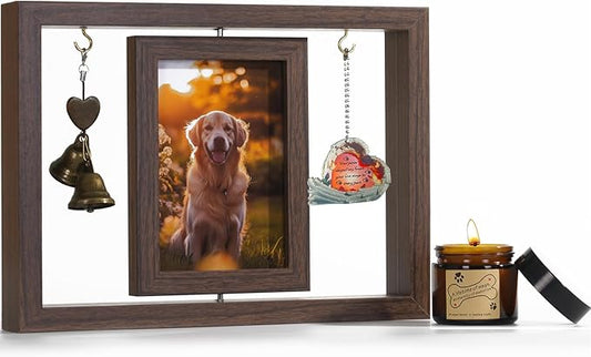 Dog Memorial Picture Frame As Pet Memorial Gifts - Rotating Wooden Frame for 4x6 Photo with Soy Candle, Dog Loss Sympathy Gift Set for Bereavement Remembrance, Remembrance Gift