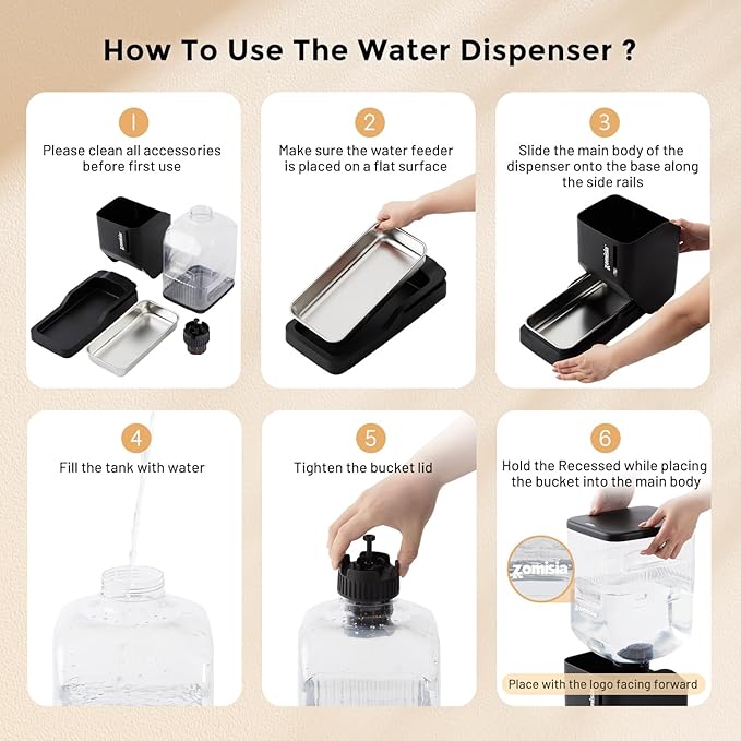 Gravity Cat Water Dispenser 6L with Stainless Steel Bowl, Automatic Water Bowl Dispenser for Cats, 1.6 Gallon Pet Waterer 100% BPA Free, Black