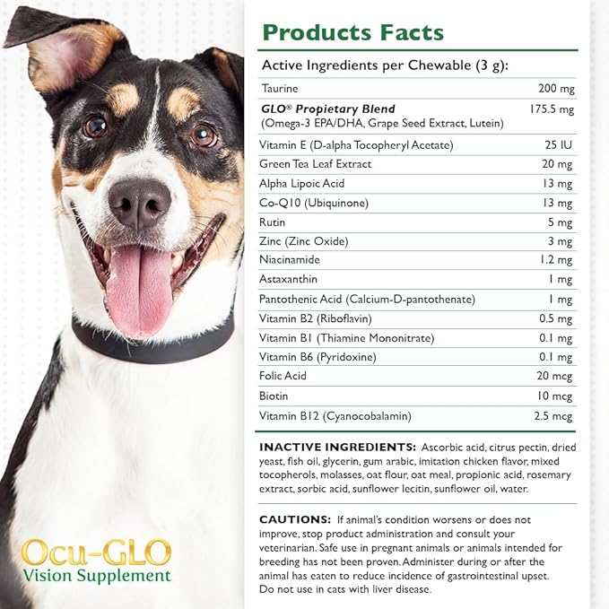 Ocu-GLO Cat & Dog Supplement for Eye Support - Chewable Vision Vitamins Supplements for Large and Small Pets Care with Lutein, Omega-3 Fatty Acids, Grape Seed Extract & Antioxidants