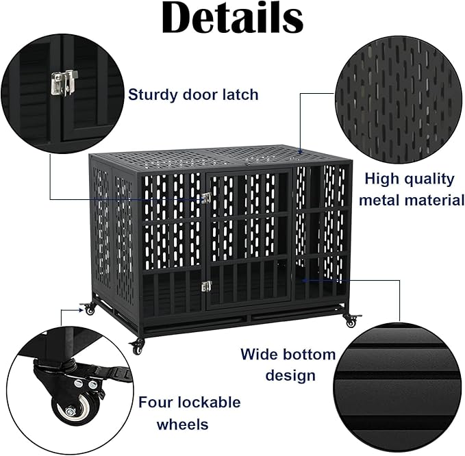44 inch Heavy Duty Dog Crate with Wheels, Indestructible Escape-Proof Steel Pet Kennel for High Anxiety Large Medium Dogs, Chewproof Indoor Double Door Dog Kennel with 2 Trays, 3 Locks, XL