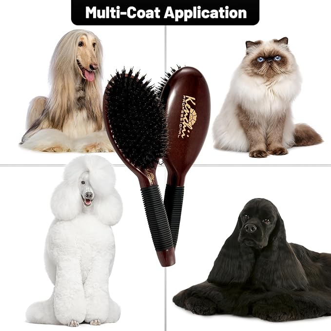 Kenchii Boar and Nylon Bristle Brush for Dog and Cat, Professional Grooming Brush with Maple Body, Lightweight, Non-Slip Rubber
