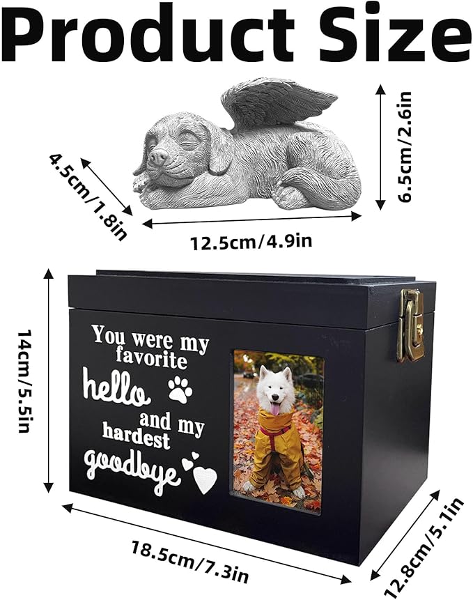 Dog Urns for Ashes Up to 100 lbs, Premium Wooden Pet Urns for Dogs with Memorial Photo Frame and Resin Statue, Dog Urn Sympathy Gift for Both Large Midium Golden Retriever, Labrador, Shepherd