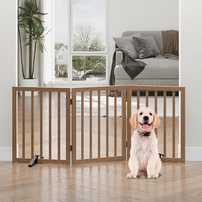 Dog Gates for Doorways, Freestanding Dog Gate Indoor, Foldable Pet Gates for Doorways Bedroom, Puppy Gate with Metal Support Feet, Room Divider 3 Panels (Dark Walnut)