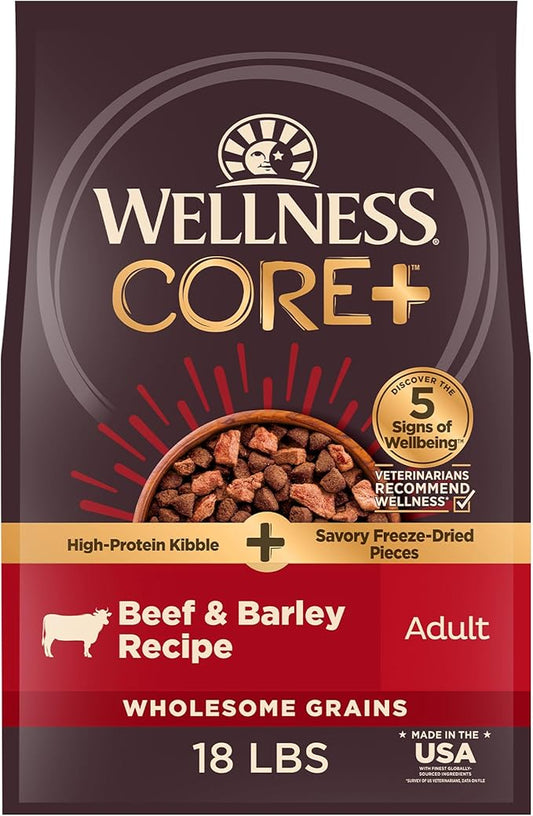 Wellness CORE+ Dry Dog Food with Freeze Dried Pieces, Wholesome Grains, High Protein, Natural, Beef & Barley Recipe, (18-Pound Bag)