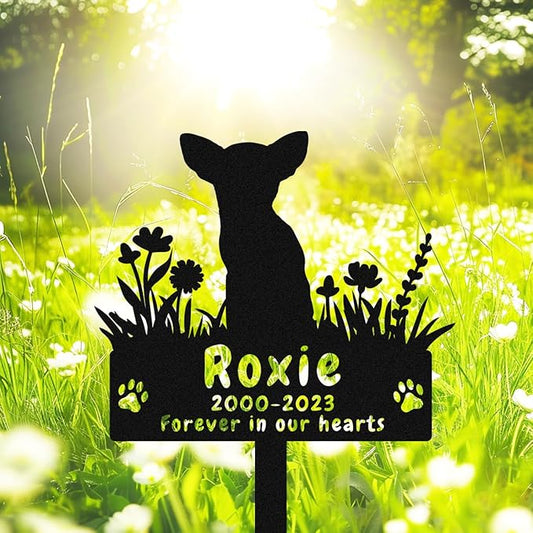 Custom Chihuahua Dog Memorial Garden Stake Grave Marker Metal Engraved Sign, Personalized Flowers Chihuahua Dog Memorial Grave Marker, Customized Dog Memorial Stake Grave Cemetery Marker