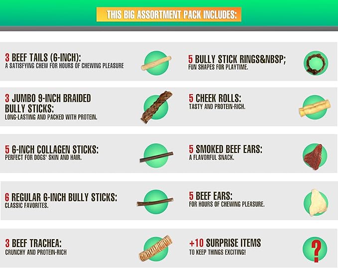 50-Piece Premium Dog Chew Assortment - Natural & Long-Lasting Treats | Includes Beef Ears, Bully Sticks, Collagen Sticks, Trachea Bones & More
