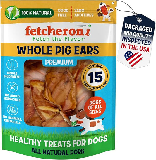 Whole Pig Ears for Dogs - 15 Pack Long Lasting Dental Chews – One Ingredient Delicious All Natural Flavor Treats – Easy to Digest for Large Pets - Great for Teeth and Gums