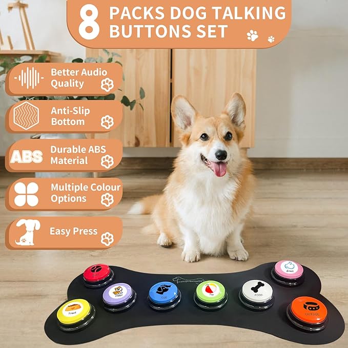 8 Color Voice Recording Button with Rubber Mat, Dog Buttons for Communication Pet Training Buzzer, 30 Second Record & Playback,Funny Gift for Study Office Home
