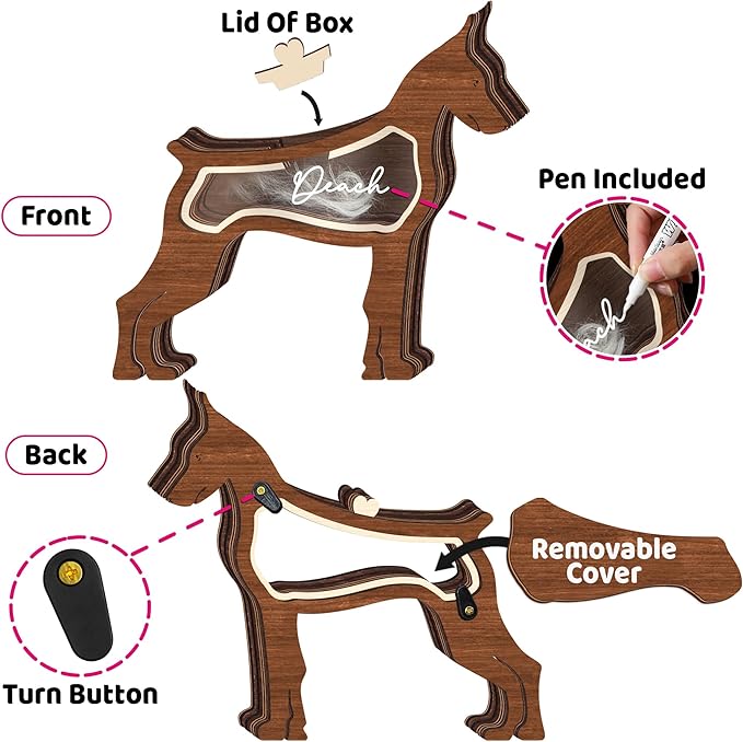 7" Doberman Pinschers Dog Hair Keepsake Box, Wooden Pet Urns for Dogs, DIY Pet Loss Sympathy Gifts, Unique Gift Dog Shape Standable Table Decor, Gift for Pet Lover Storing Fur Teeth Ashes PS16-34M