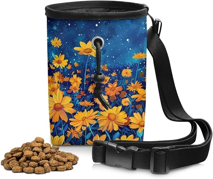 Night Daisy Dog Treat Bag Puppy Training Pouch Hands-Free Design Portable Dog Walking Bag Easily Carrying Treat Snack Bags Reward Pouch for Pet Travel or Outdoor Use