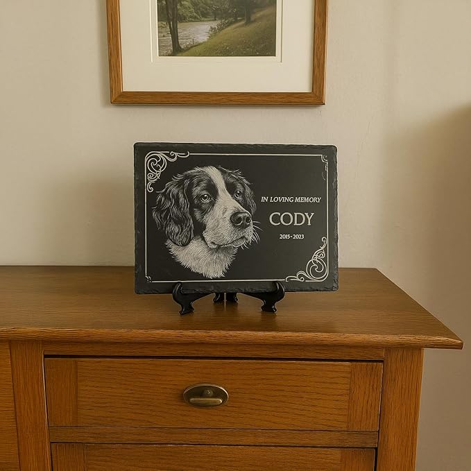 lemuria 8x6” Pet Memorial Stone – Personalized Black Slate Grave Marker – Custom Engraved Dog or Cat Headstone for Indoor or Outdoor Use (8x6 inches)