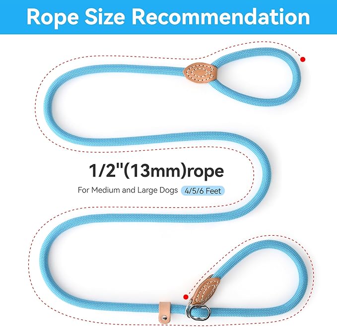Mile High Life Slip Lead Dog Leash - 4FT, 5FT, 6FT Heavy Duty Rope Leash for No Pull Training, Durable Braided Dog Lead with Leather Stopper & Tip for Medium Large Dogs