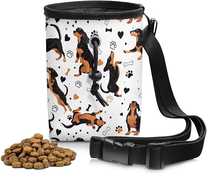 Cute Dachshund Puppy Training Pouch Treat Pouches for Pet Training, Dog Walking Bag Pet Feed Snack Reward Pouch Multiwear Treat Tote with Waist Belt Shoulder Strap