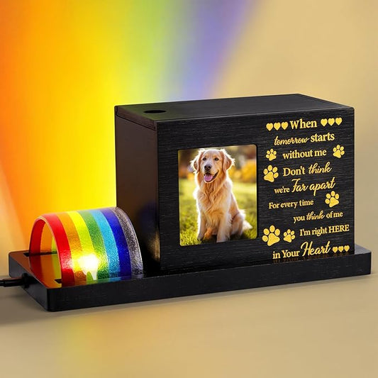 Rainbow Bridge Pet Memorial Gifts - LED Light Dog or Cat Urns for Ashes with Personalized Photo Frame, Pet Memory Box Keepsake for Sympathy, Bereavement, Remembrance