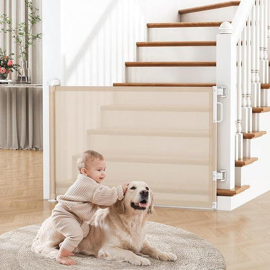 Retractable Baby Gate for Stairs, 55" Wide Mesh Dog Gate Indoor, 34" Tall Child Gate for Doorways, Hallways, Deck, Indoor Outdoor Pet Baby Safety Essentials for Home, Beige
