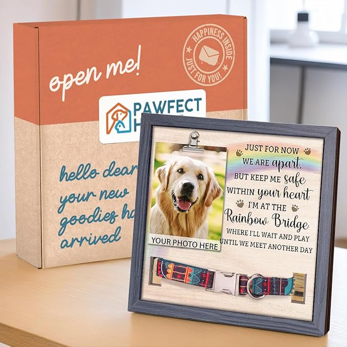 Pawfect House 9x9 Inches Pet Memorial Picture Frame With Collar Holder, Pet Memorial Gifts For Dogs, Loss Of Dog Sympathy Gift, In Loving Memory Rainbow Picture Frame, Dog Bereavement Gifts