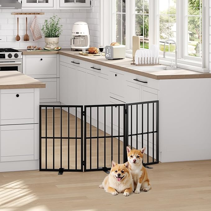 Dog Gate Indoor, Freestanding Foldable Pet Gate for The House, Doorway, Stairs, 48.2" W x 23.6" H Metal Step Over Fence with Support Feet, 3-Panel Pet Puppy Safety Fence, Black DGBK6001
