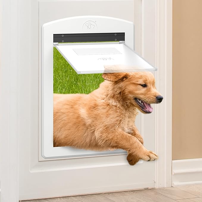 MAVRICFLEX White Frame Dog Door, Plastic Doggy Door with Sliding Lock Panel and Magnetic Hard Flap, Doggie Door for Dogs Up to 30LBS, Medium