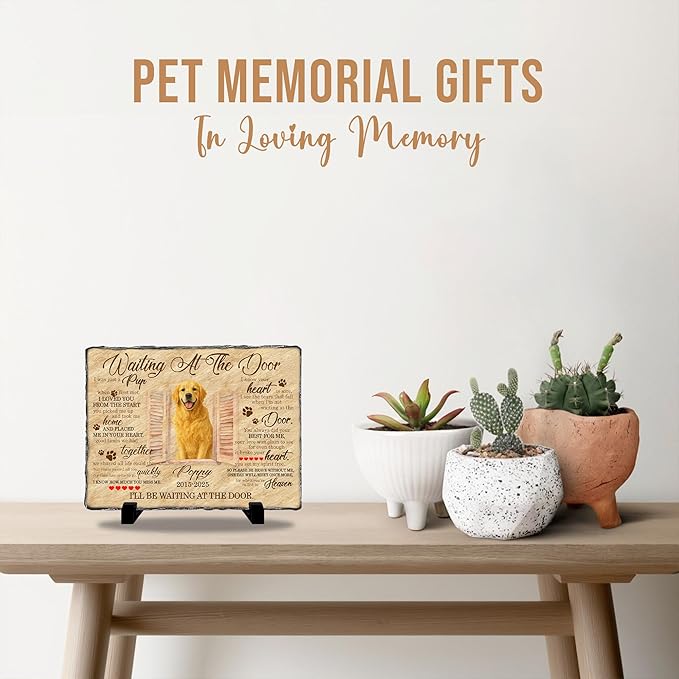 Pet Loss Memorial Stone Gift | Waiting at The Door Grave Marker for Dogs or Cats | Personalized Photo Remembrance Gift for Pet Owners | Animal Memorial Stones Dog