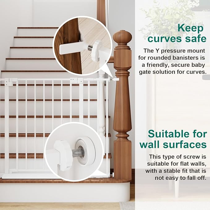 29.7-46" Baby Gate for Stairs with Banister Adapter Y-Spindle Rods, 30.5" Tall, Easy-Install Pressure Mounted Baby Gate for Doorways, Auto-Close Dog Gate Indoor for Child and Pets