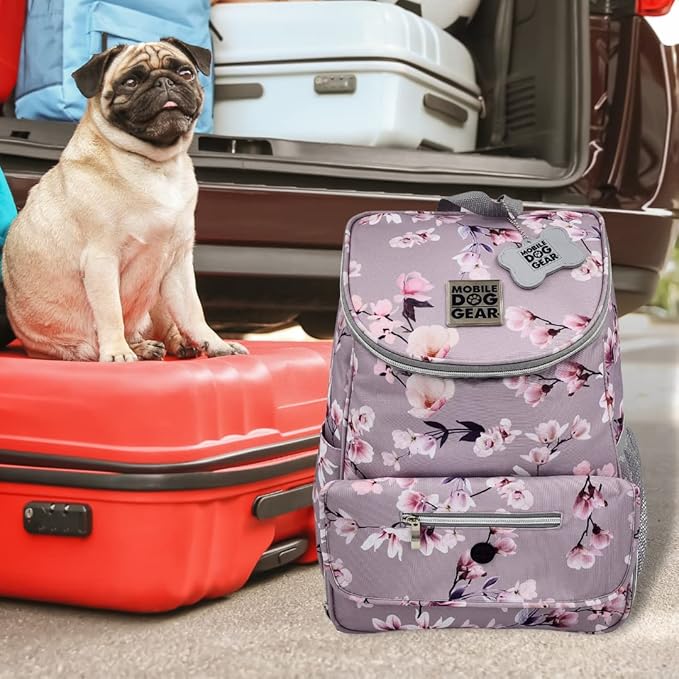 Mobile Dog Gear Week Away Dog Travel Bag Backpack (13"x7"x16", Floral) - Includes 2 Pet Food Storage Containers + 2 Collapsible Dog Water Bowls - Airline Approved Travel Accessories, Great for Trips