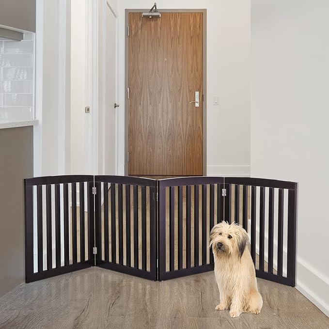 Freestanding Pet Dog Gate, 3-Panel/ 4-Panel Wooden Folding Fence for Hallway,Doorway,Hall,Stair,24 Inch Height Indoor Foldable Dog Fence (Brown, 4 Panel 24“)