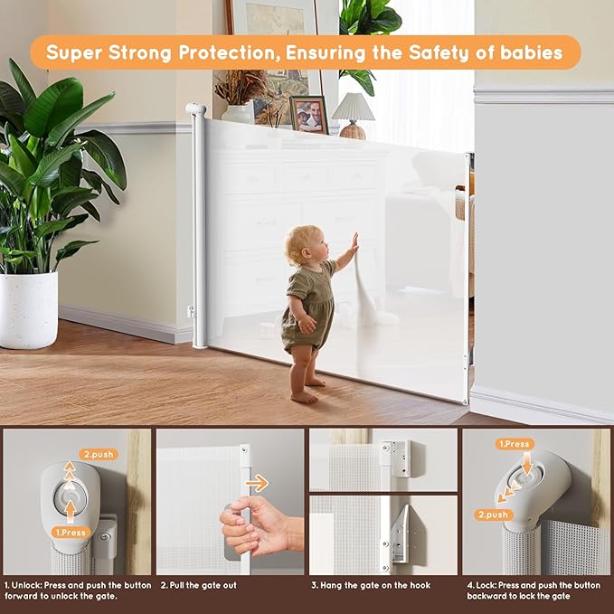 Retractable Baby Gate, 38" Extra Tall Mesh Baby Gate with Auto-Tension Design, 55" Wide One-Hand Operation Dog Gates for Doorways and Hallways, Safety Gate for Babies and Pets, White