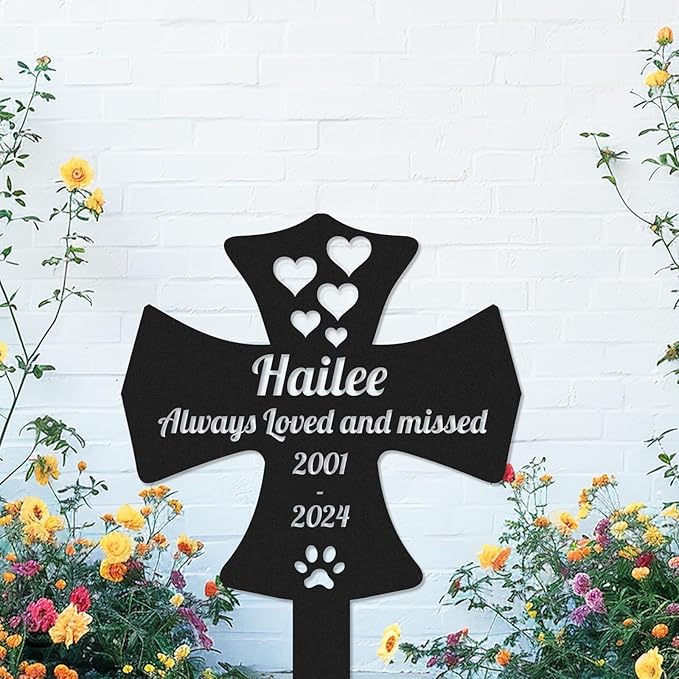 Personalized Metal Pet Memorial Stake Cat Dog Memorial Grave Marker, Custom Heart-Shaped Cross Plaque with Paw Pet Memorial Cross Stake for Cemetery Yard Lawn Garden