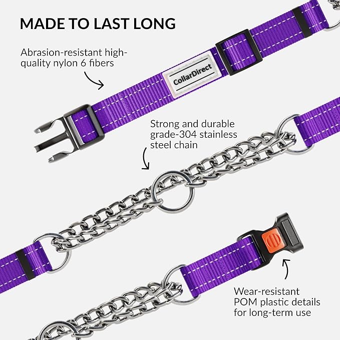 CollarDirect Martingale Dog Collar with Stainless Steel Chain and Quick Release Buckle - Reflective Collar for Large, Medium, Small Dogs - Purple, Large (Neck Size 17"-22")